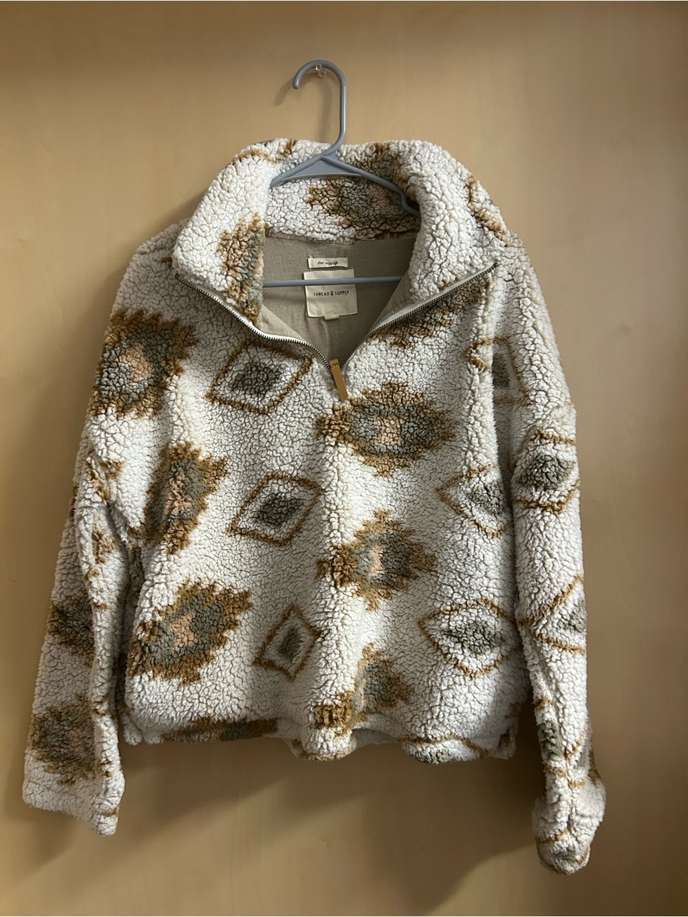 Thread & Supply Cream Sherpa Pullover with Tan & Olive Pattern